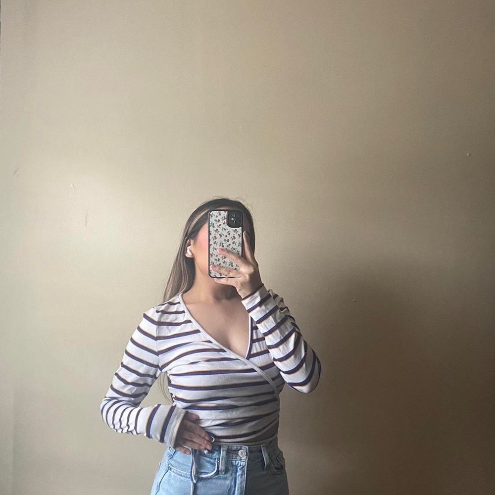 Striped Long Sleeve Wrap Top